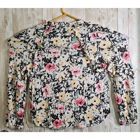 Lauren Ralph Lauren Women's V-Neck Top Floral Ruffle Long Sleeve Size M - Picture 3 of 9